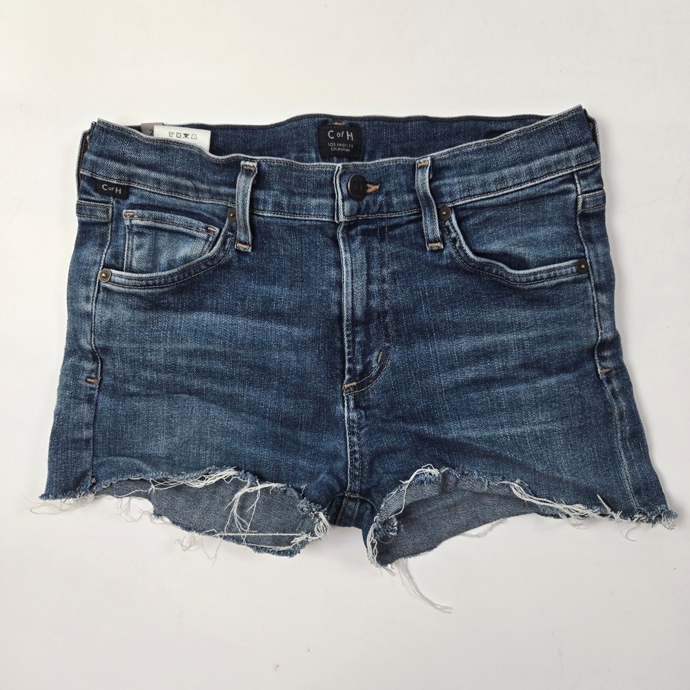 Citizens of Humanity Agnes Shorts Womens 26 Blue Raw Hem Mid Rise Denim Cutoffs